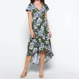 Fortune + Ivy Green Floral Wrap MIDI High Low Dress Size Small